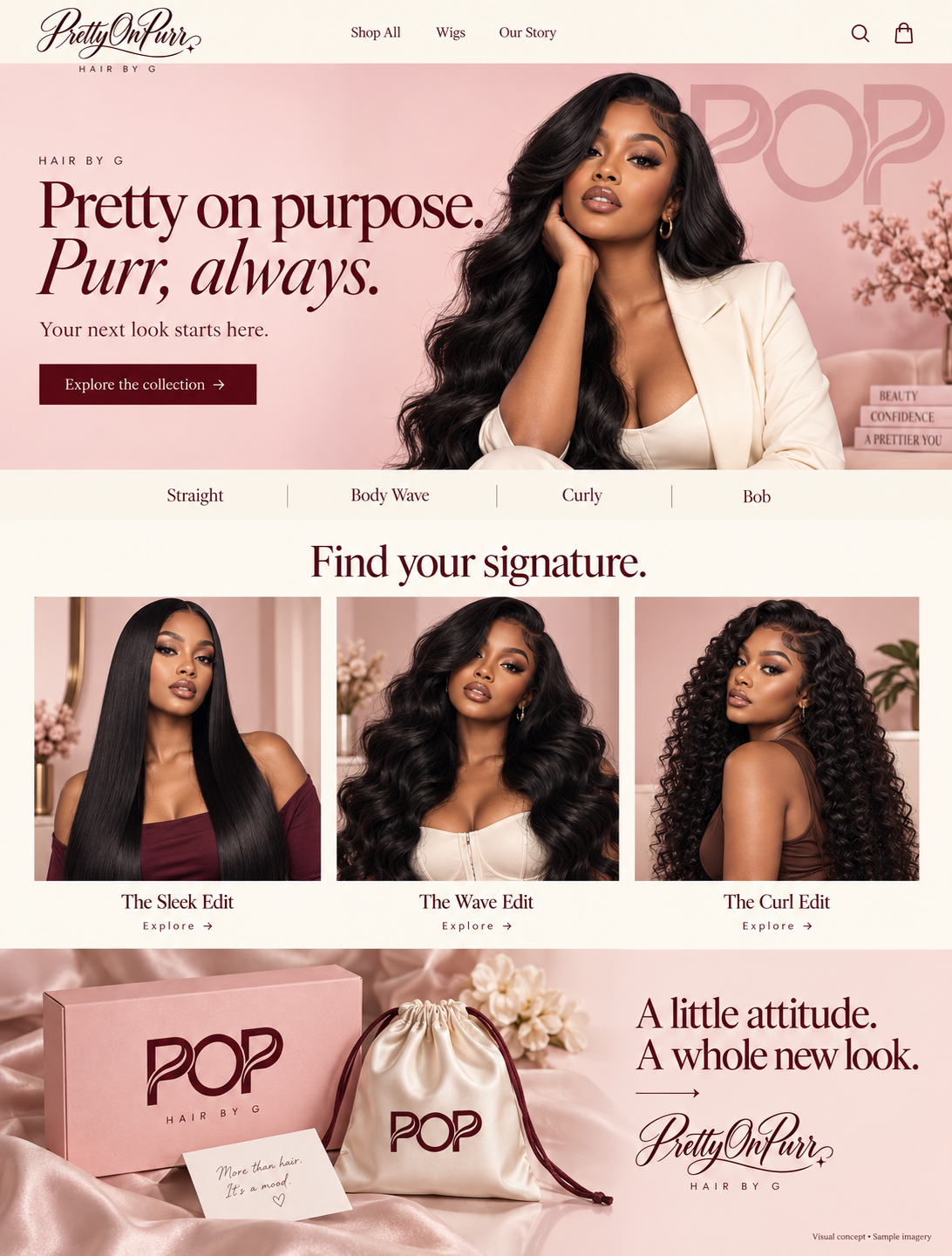 PrettyOnPurr blush gift box and cream satin bag with the POP emblem — packaging concept